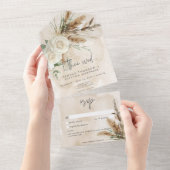 Boho rustieke witte rozen & pampas bruiloft geen d all in one uitnodiging (Afscheurbaar)