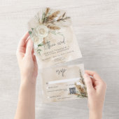 Boho rustieke witte rozen & pampas bruiloft QR-cod All In One Uitnodiging (Afscheurbaar)