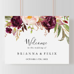 Boho rustique coloré Floral Mariage Affiche de bie<br><div class="desc">Ce panneau d'accueil fleuri et boho rustique est parfait pour un mariage moderne. Le design se compose de pivoines d'aquarelle rose, violet, rouge et bordeaux regroupées en bouquets élégants avec feuillage vert, inspirant beauté naturelle. Faites de cette affiche votre propre en ajoutant le nom de la mariée et du marié,...</div>