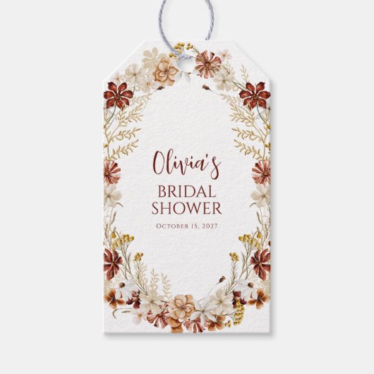 Boho Rustisch Bloemendesign Burgundy Bruiloftsfees Cadeaulabel (Voorkant)