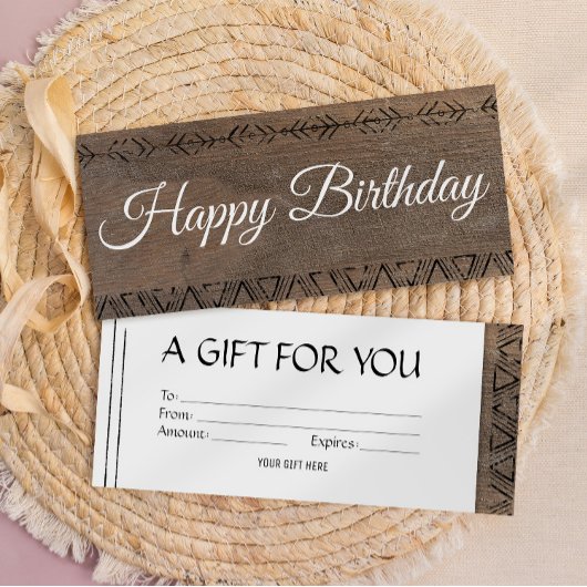 Boho rustische houten cadeaubonvoucher kaart