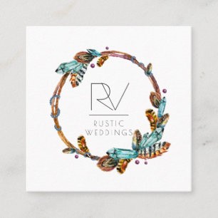 Boho Rustische Veerkrans Monogram Vierkante Visitekaartje