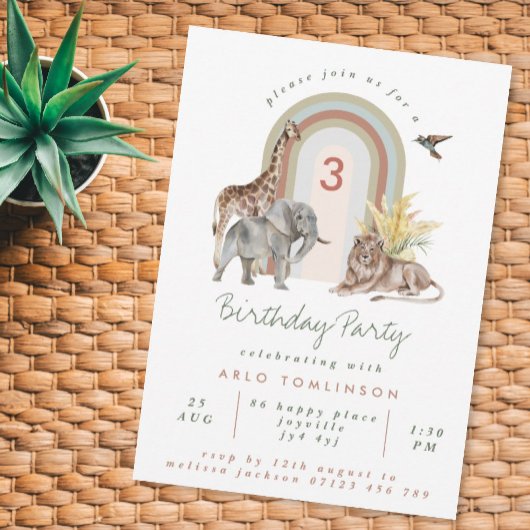 Boho Safari Animals & Rainbow Arch Birthday Party Kaart