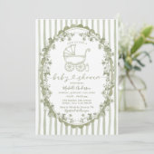 Boho Sage Baby Carriage Stripes Bow Baby shower Kaart (Staand voorkant)