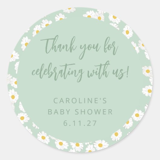 Boho Sage Daisies Bloemen Aangepaste Baby shower B Ronde Sticker (Voorkant)