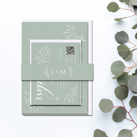 Boho Sage Green Botanical Monogram Uitnodigingen Wikkel