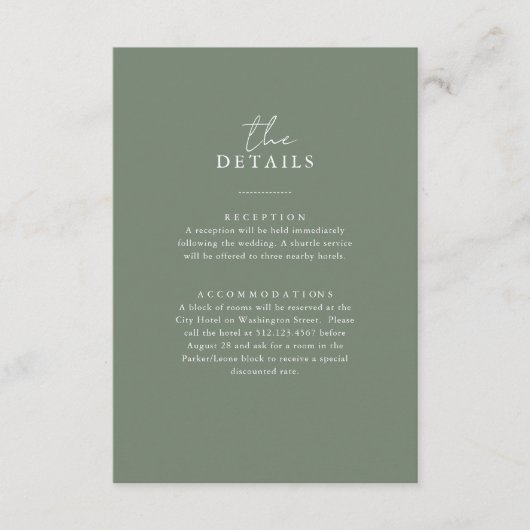 Boho Sage Green | Details voor eenvoudige trouwgas Informatiekaartje (Voorkant)