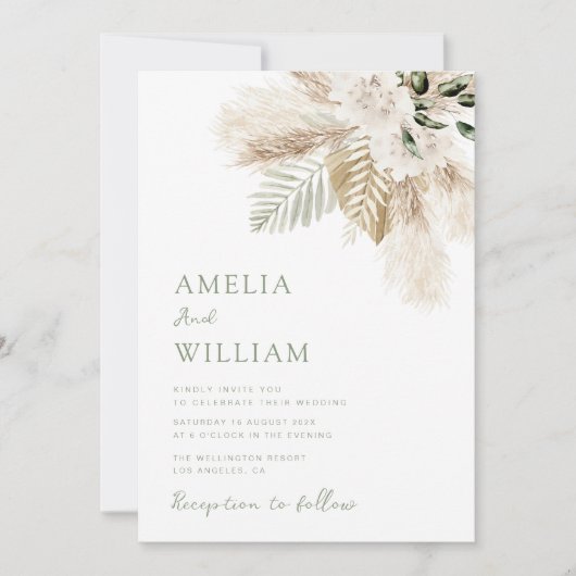 boho sage green en pampas gras bruiloft kaart (Voorkant)