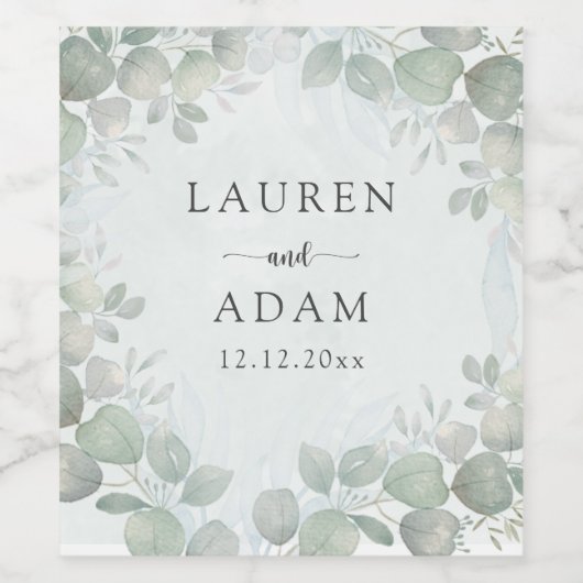 Boho Sage Green Eucalyptus Monogram Wedding Wijn Etiket (Enkel label)