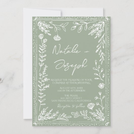 Boho Sage Green Floral Botanical Modern Wedding Kaart (Voorkant)