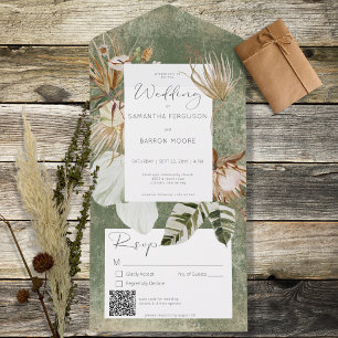 Boho Sage Green Floral Grass QR Code All In One Uitnodiging