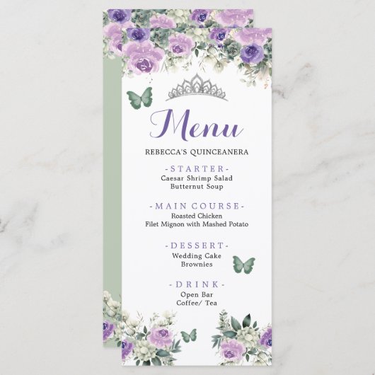 Boho Sage Green Lliac Roses Princess XV Años Menu (Devant / Derrière)