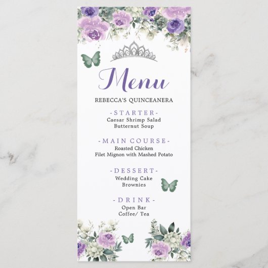 Boho Sage Green Lliac Roses Princess XV Años Menu (Devant)