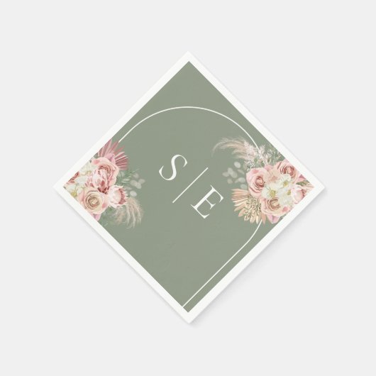 Boho Sage Green Pampas Grass Arch Monogram Napkins Servet (Hoek)