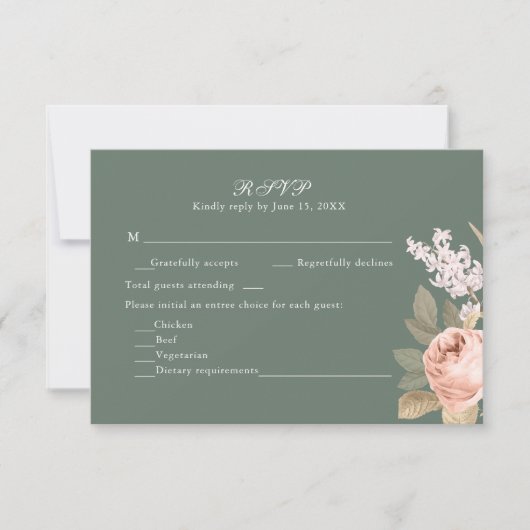 Boho Sage Green Peonies Wedding RSVP Card (Devant)