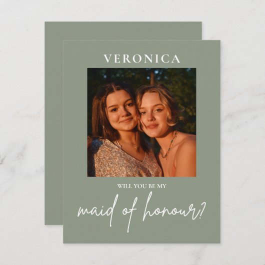 Boho Sage Green Photo Maid of Honor Proposal Kaart (Voorkant / Achterkant)