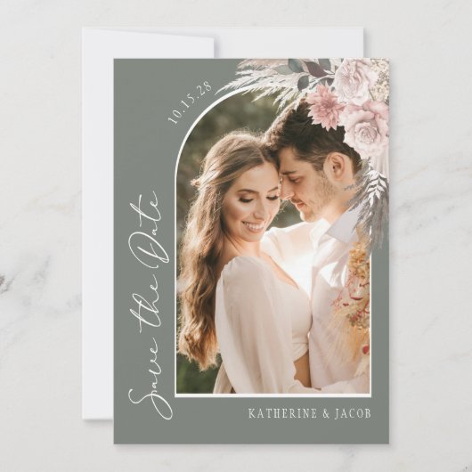 Boho Sage Green Photo Wedding Save the Date (Voorkant)