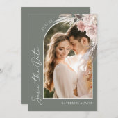 Boho Sage Green Photo Wedding Save the Date (Voorkant / Achterkant)