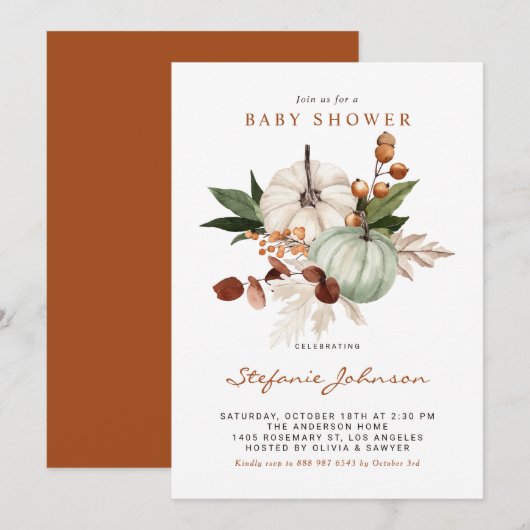 Boho Sage Green Pumpkins Herfst Baby shower Kaart (Voorkant / Achterkant)