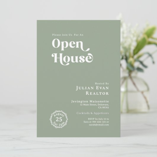 Boho Sage Green Typography Business Open House Kaart (Staand voorkant)