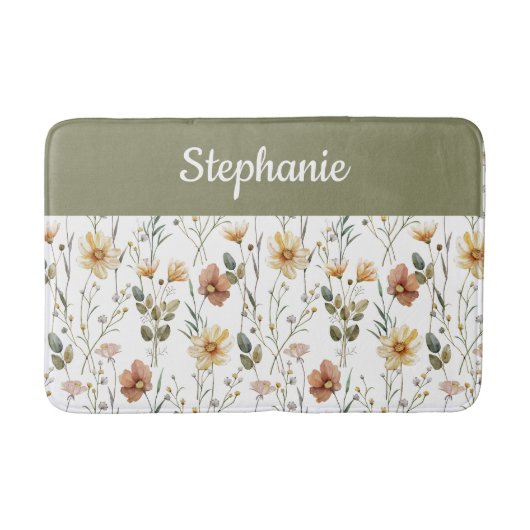 Boho Sage Green Watercolor Wildflower Monogram Badmat (Voorkant)