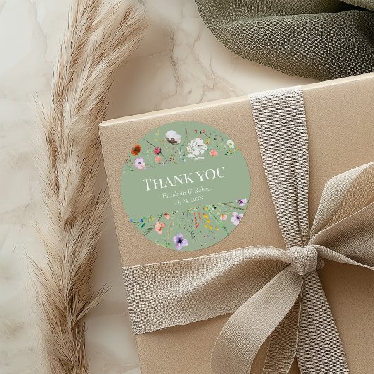 Boho Sage Green Wildflower Bedankt Ronde Sticker