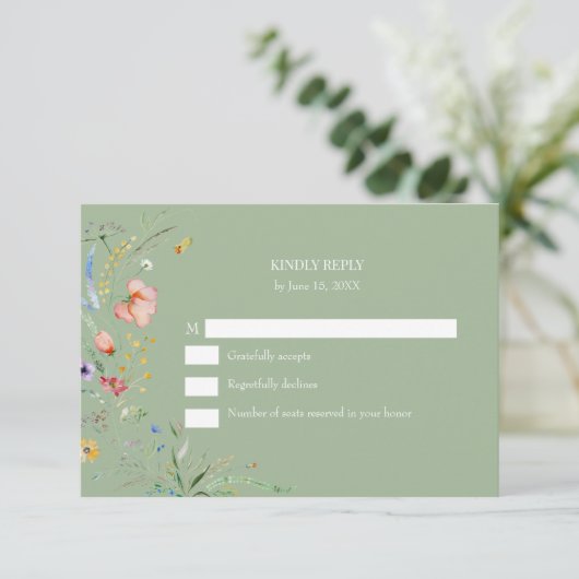 Boho Sage Green Wildflower Wedding RSVP Kaart (Staand voorkant)