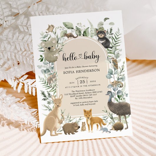 Boho Sage Greenery Australian Animals Baby shower Kaart