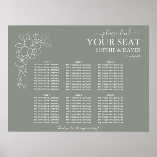 Boho Sage Groen 6 Tafel Bruiloft Zitkaarten Poster (Voorkant)