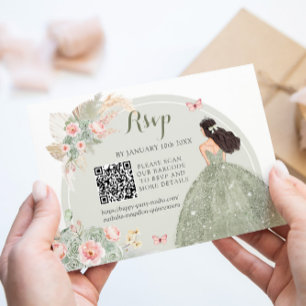 Boho Sage Groen Blush Roze Royal Quinceañera QR RSVP Kaartje