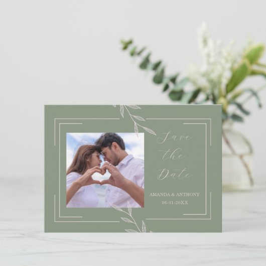 Boho Sage Groen Foilage Bruiloft Save the Date Bedankkaart (Staand voorkant)