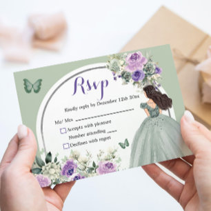 Boho Sage Groen Lila Bloemen Prinses XV Años RSVP Kaartje