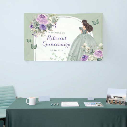 Boho Sage Groen Lila Prinses Quinceañera Groot Spandoek (Beurs)