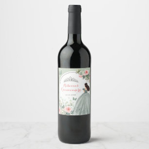 Boho Sage Groen Roze Bloemen Quinceañera Wijn Etiket