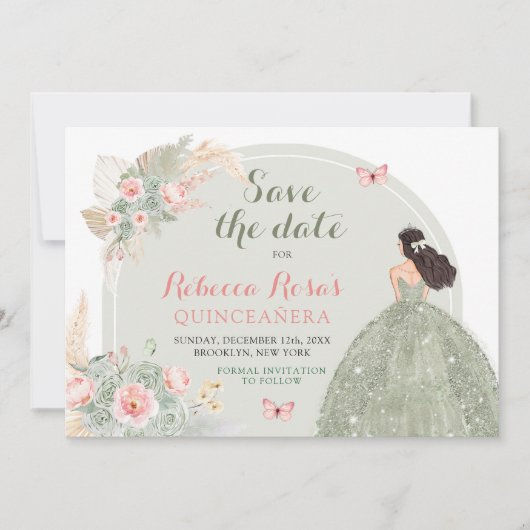 Boho Sage Groen Roze Quinceañera Save The Date Kaart (Voorkant)