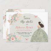 Boho Sage Groen Roze Quinceañera Save The Date Kaart (Voorkant / Achterkant)