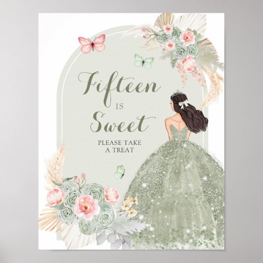 Boho Sage Groen Roze Quinceañera Vijftien is Zoet Poster (Voorkant)