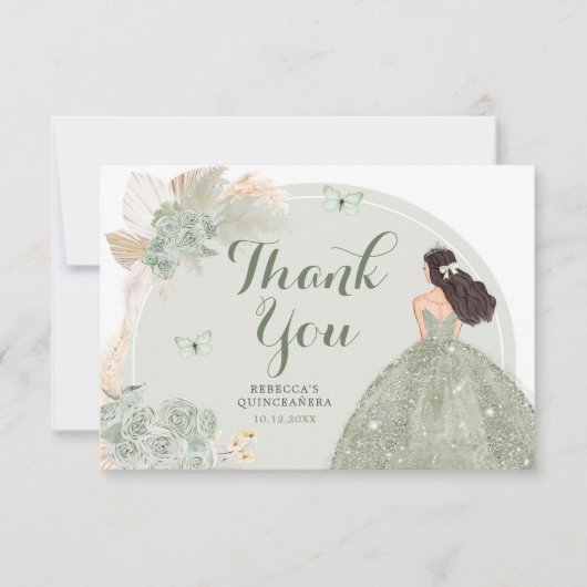 Boho Sage Groene Bloemen Prinses Quinceañera Bedankkaart (Voorkant)