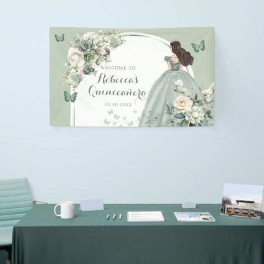 Boho Sage Groene Bloemen Prinses Quinceañera Groot Spandoek (Beurs)