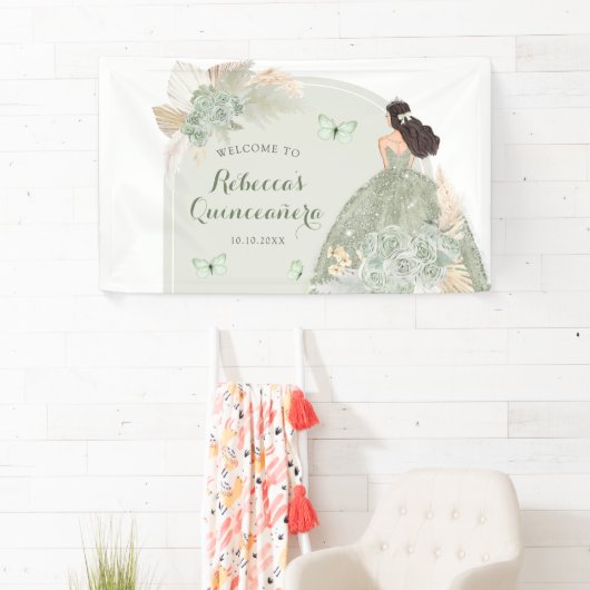 Boho Sage Groene Bloemen Quinceañera Grote Banner (Insitu)