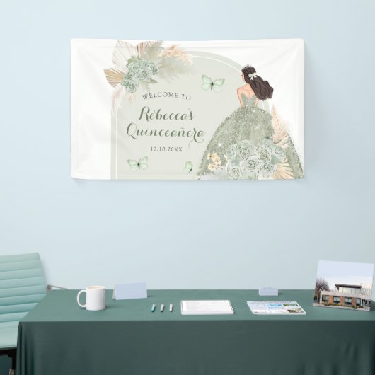 Boho Sage Groene Bloemen Quinceañera Grote Banner (Beurs)