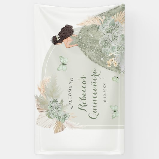 Boho Sage Groene Bloemen Quinceañera Grote Banner (Verticaal)
