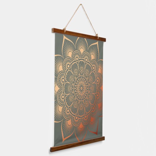 Boho Sage Groene Perzik Mandala Hout Topped Hangend Wandkleed (Gebogen)