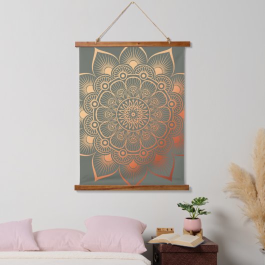 Boho Sage Groene Perzik Mandala Hout Topped Hangend Wandkleed (Slaapkamer)