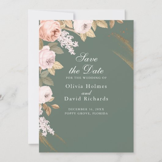 Boho Sage Groene Pioenrozen Save the Date Kaart (Voorkant)