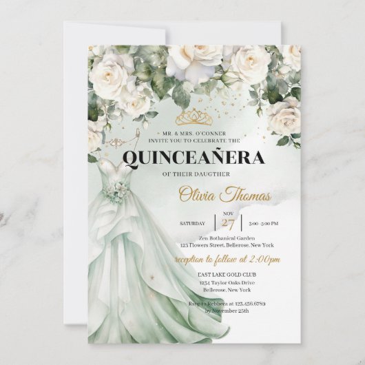 Boho Sage Jurk & Witte Rozen Groen en Goud Kaart (Voorkant)