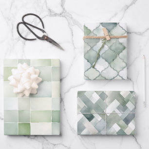 Boho saliegroen watercolor geometrische patronen inpakpapier vel