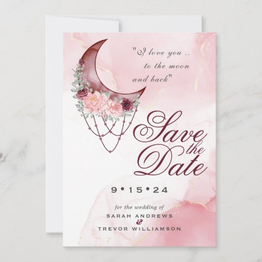 Boho Save the Date Roze Maroon Halve Maan Kaart (Voorkant)
