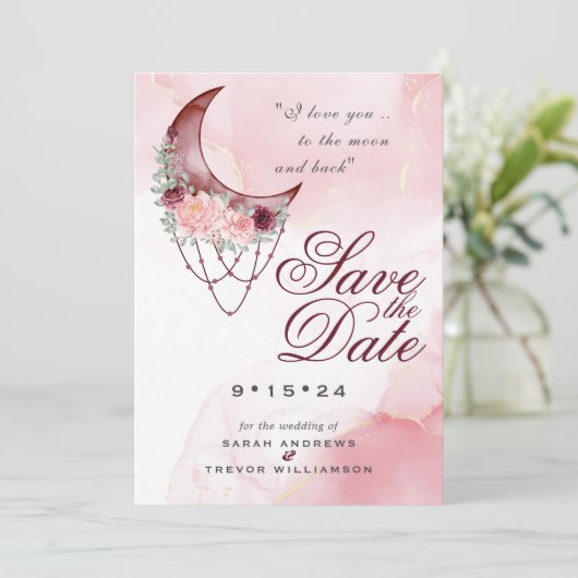 Boho Save the Date Roze Maroon Halve Maan Kaart (Staand voorkant)
