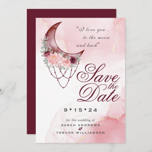 Boho Save the Date Roze Maroon Halve Maan Kaart (Voorkant / Achterkant)
